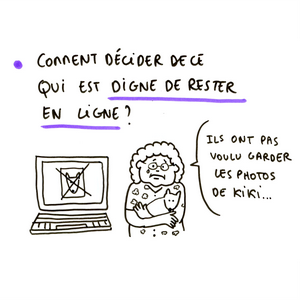 'COMMENT DÉCIDER DE CE QUI EST DIGNE DE RESTER EN LIGNE ?' - Une femme sert son chien dans ses bras à côté d'un ordinateur affichant un message d'erreur : 'Ils ont pas voulu garder les photos de Kiki.'