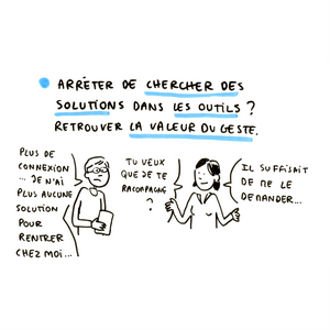 'ARRÊTER DE CHERCHER DES SOLUTIONS DANS LES OUTILS ? RETROUVER LA VALEUR DU GESTE.' - un homme et une femme discute : 'Plus de connexion... je n'ai aucune solution pour rentrer chez moi...' - 'Tu veux que je te raccompagne ? Il suffisait de me le demander...'