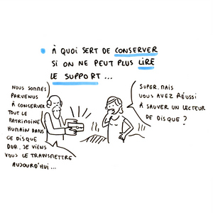 'À QUOI SERT DE CONSERVER SI ON NE PEUT PLUS LIRE LE SUPPORT ?' - un homme tend un disque dur à une femme : 'Nous sommes parvenus à conserver tout le patrimoine humain dans ce disque dur, je viens vous le transmettre aujourd'hui' - 'Super. Mais vous vous avez réussi à sauver un lecteur de disque ?'