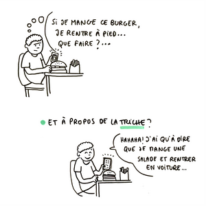 'À PROPOS DE LA TRICHE' - un homme est installé à la table d'un fast-food : 'Si je mange ce burger, je rentre à pied. Que faire ?' et après réflexion : 'Haaaaaaa ! J'ai qu'à dire que je mange une salade et rentrer en voiture !'